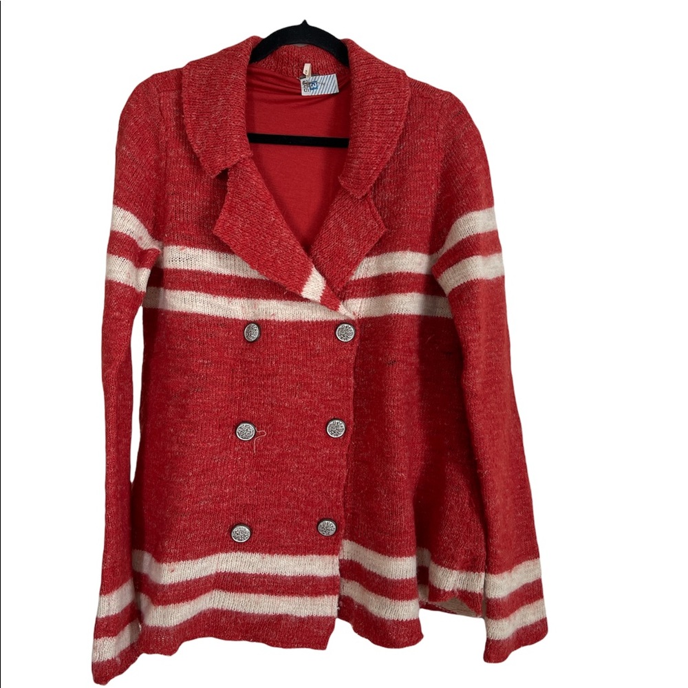 Free people red and cream knit sweater cardigan.